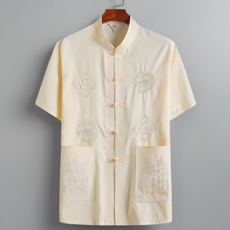 唐装男爸爸夏装短袖上衣中老年人男装爷爷中式盘扣衣服汉服男大码