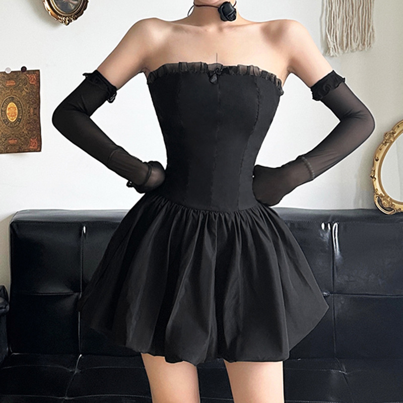 2024暗黑公主风修身一字领抹胸蓬蓬裙花边拼接收腰显瘦短裙配袖套