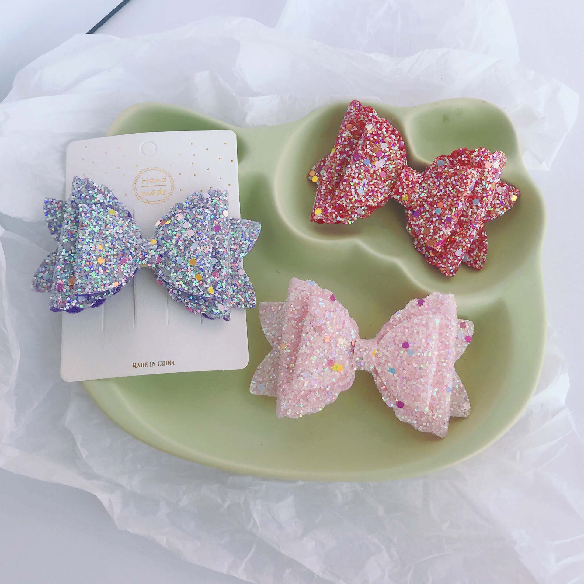 (批发)女孩蝴蝶结发夹可爱多色发夹夜光亮片蝴蝶结发夹公主边夹