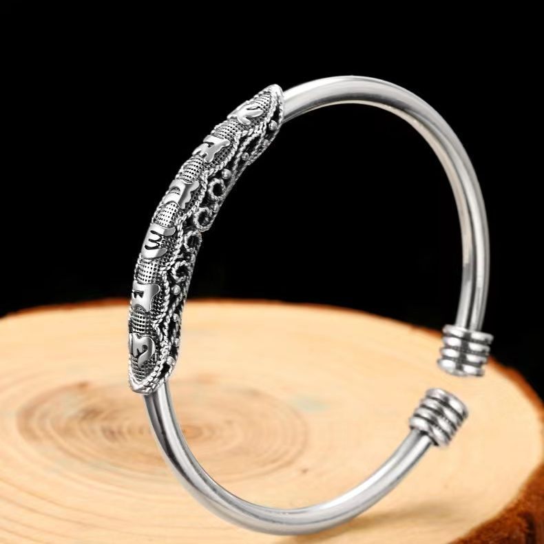 中国风复古镀银镯手镯六字箴言古风女手饰品个性做旧男女款手环