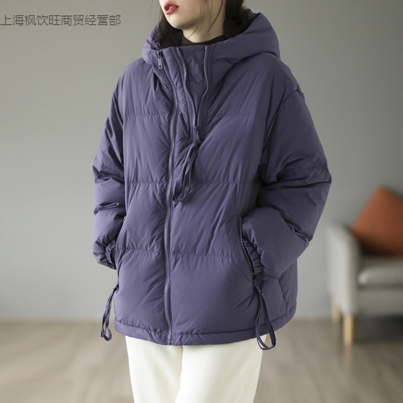 复古连帽短款羽绒服女2024冬季新款加厚文艺保暖白鸭绒小个子外套