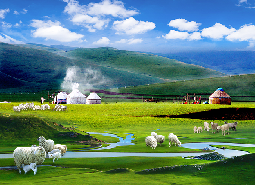 蒙古包蓝天白云墙布烧烤店羊肉煲餐厅壁画背景墙纸牛羊草原风壁纸