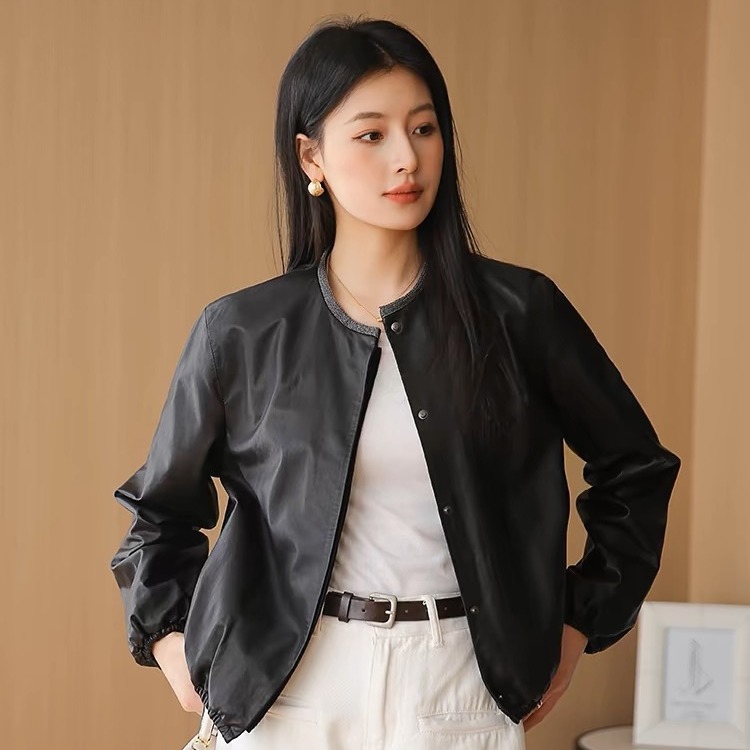 高端真皮皮衣女bc短款圆领植鞣绵羊皮单皮外套夹克海宁2024春新款