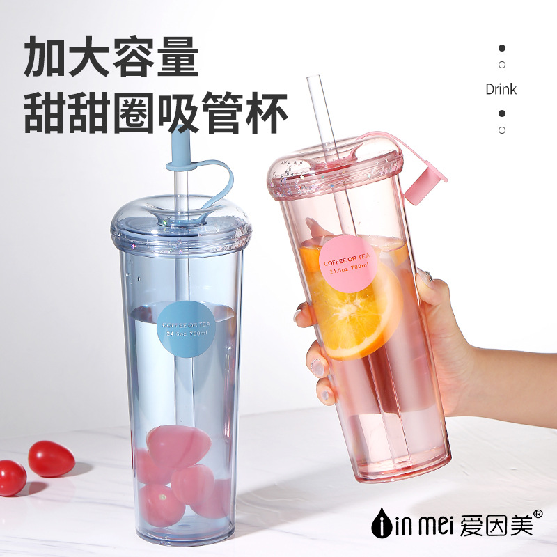 Handy Student Plastic Water Cup with Straw Large Capacity Heat Resistant Water Cup Good-looking Portable Double-Layer Cup with Straw