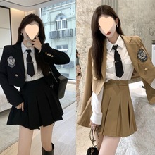 学院风小西装套装气质韩版徽章西服白衬衫高腰百褶裙制服三件套