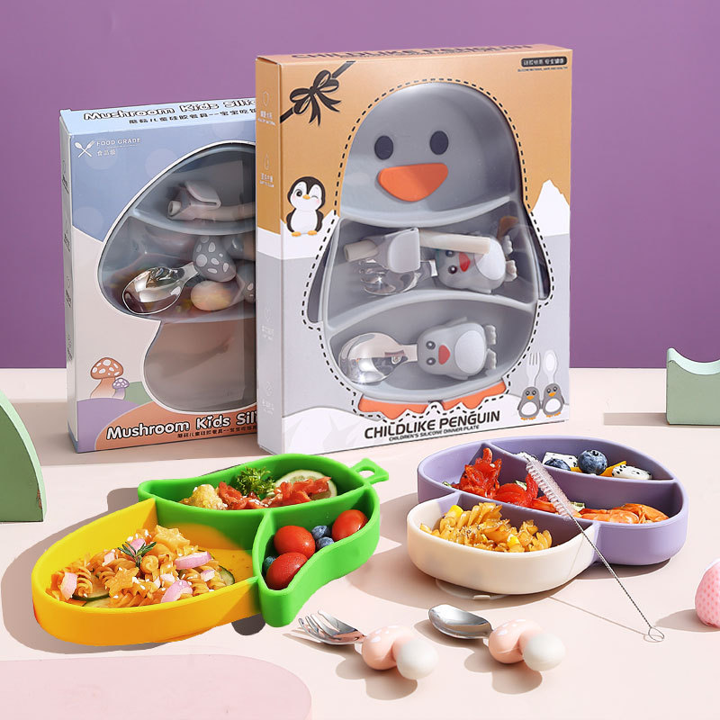 cross-border new creative children cartoon silicone dinner plate baby suction cup integrated compartment food supplement tableware set