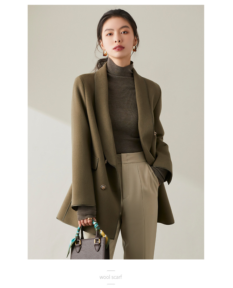 极简青果领双面羊绒大衣女手工羊毛外套新品秋冬季中长款毛呢大衣