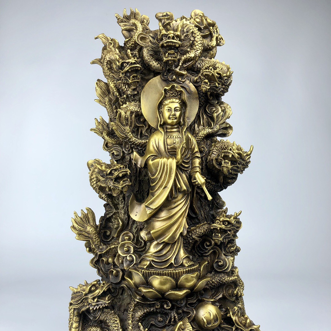 黄铜九龙观音摆件仿古铜五龙观世音千手观音菩萨家居佛堂寺庙供奉