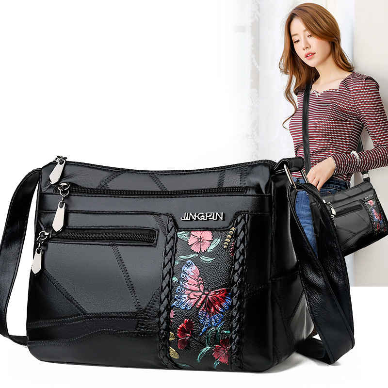 Korean Style Ins Style Middle-Aged Mother Bag Hand-Painted Pattern Shoulder Bag Sheepskin Fashion Large Capacity Design Multi-Layer Crossbody