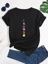 Women's Planet Print Crew Neck T-Shirt, Casual Short Sleeve