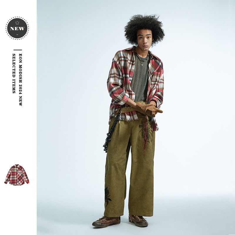 eonmodish男装|2024春夏新品实拍美式复古格子刺绣衬衫-阿里巴巴