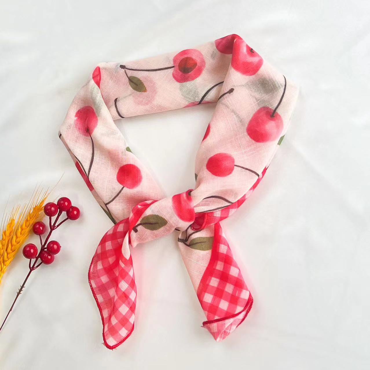 Fresh All-Match New Fruit Printed Small Square Towel Women's Summer Floral Artistic Scarf Scarf Hair Band Sun Protection Cotton and Linen