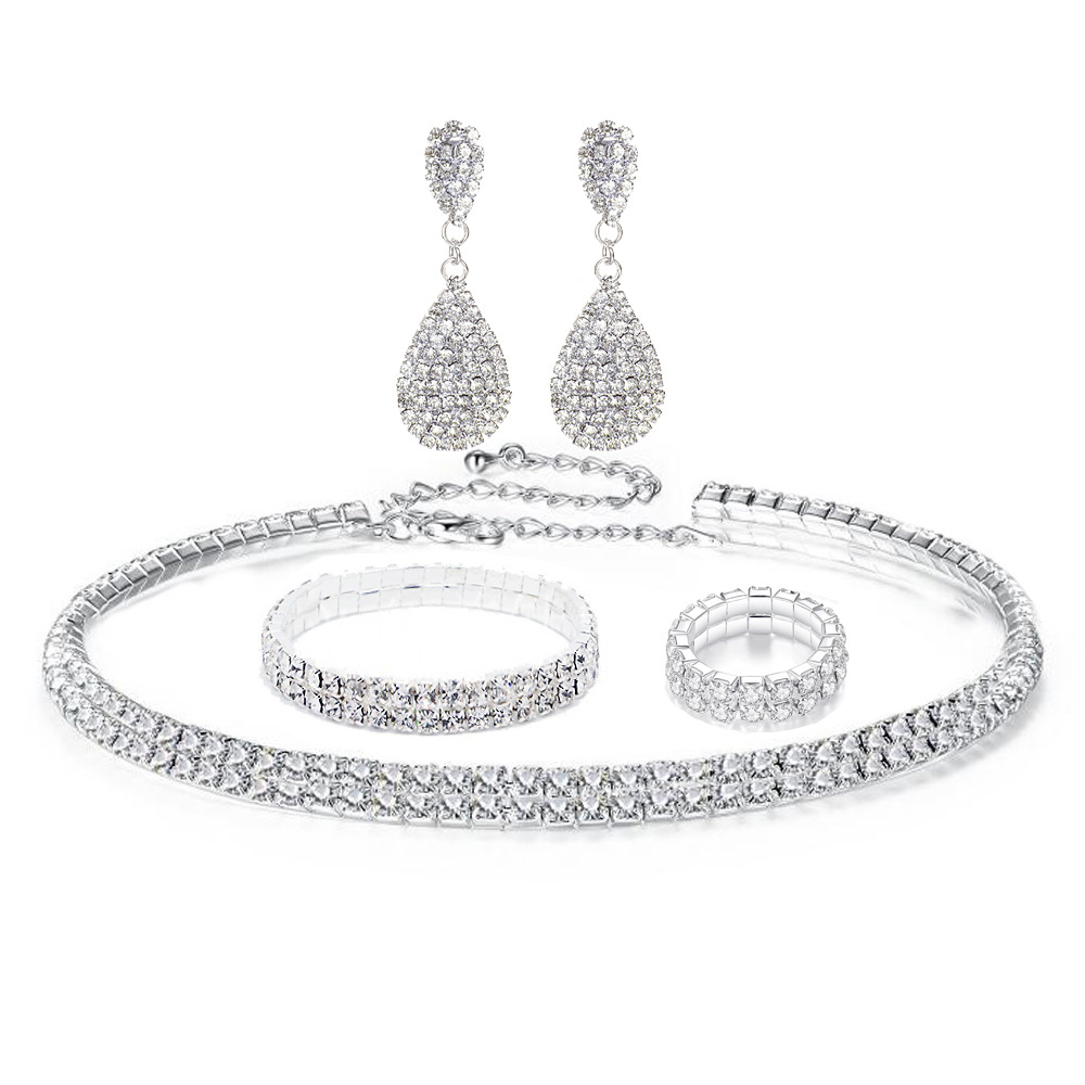 Cross-Border Hot Selling European and American Fashion Luxury Diamond Three-Row Necklace Earring Bracelet Ring Bridal Set Female N4674