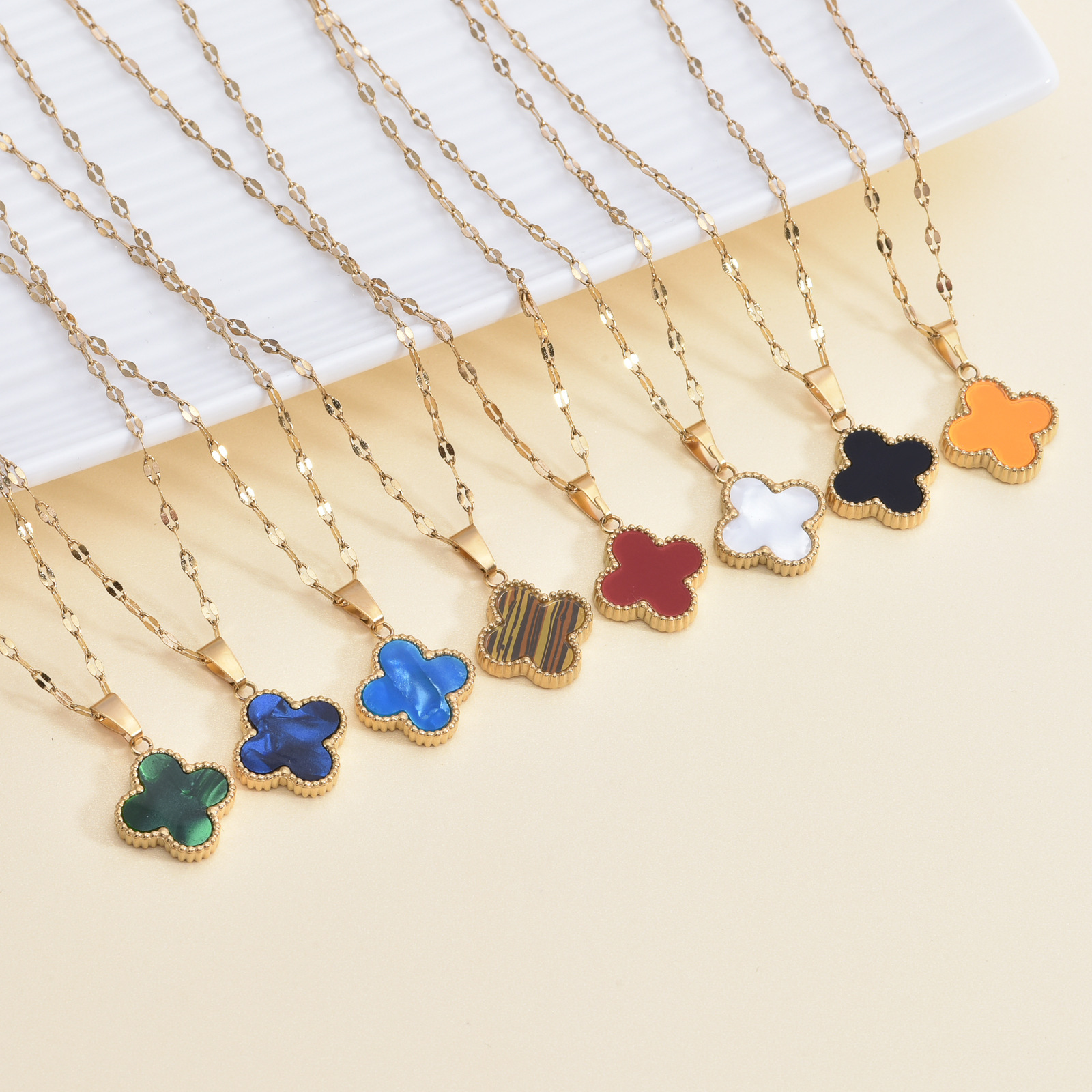 高版本梵家四叶草项链天然双面贝母钛钢18k金项链女生高级感 批发