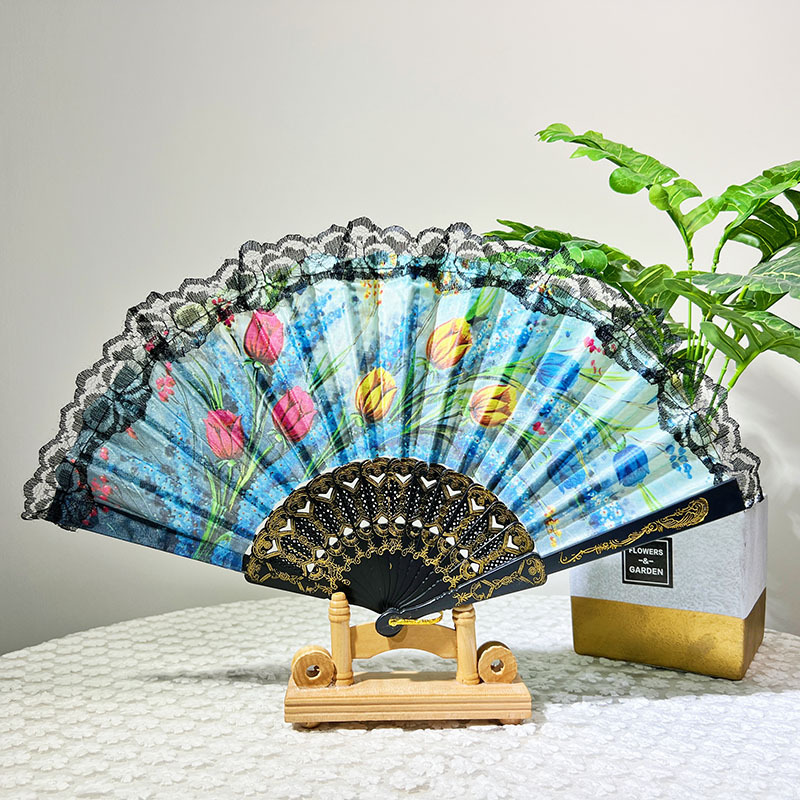 Factory Wholesale Black Flowers and Plants Lace-Trimmer Foldable Fan Plastic Fan Frame Lace Fan Antique Style Folding Fan Cheongsam and Dress Dance Fan