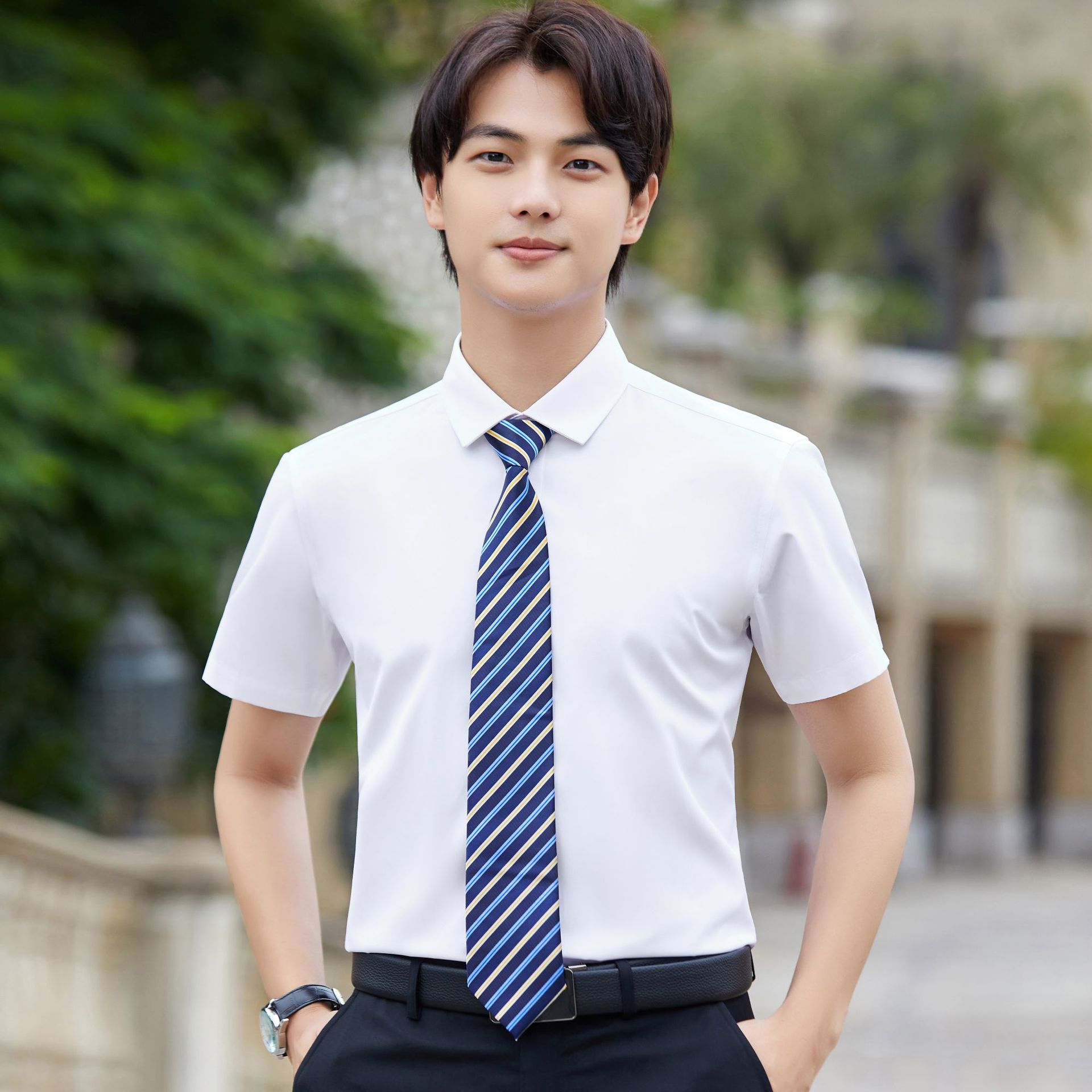 职业装白色衬衫短袖套装男女同款夏季修身衬衣工作服正装刺绣logo