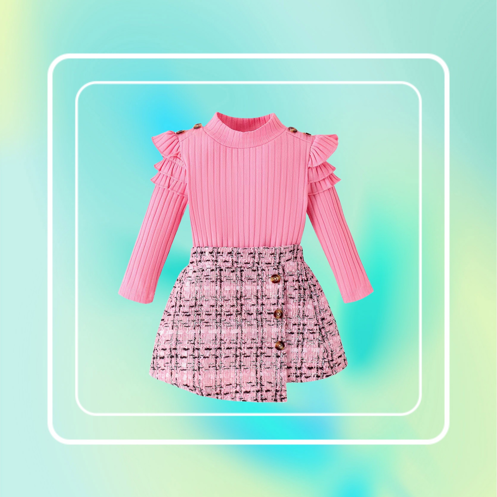 高领坑条飞袖长袖毛衣编织粗呢扣子短裙childrens clothing-阿里巴巴