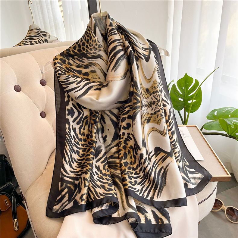 New Long Silk Scarf Elegant Cross-Border Leopard Print Satin Scarf Silk Scarf Hangzhou Silk Wholesale Girls' Outdoor Scarf