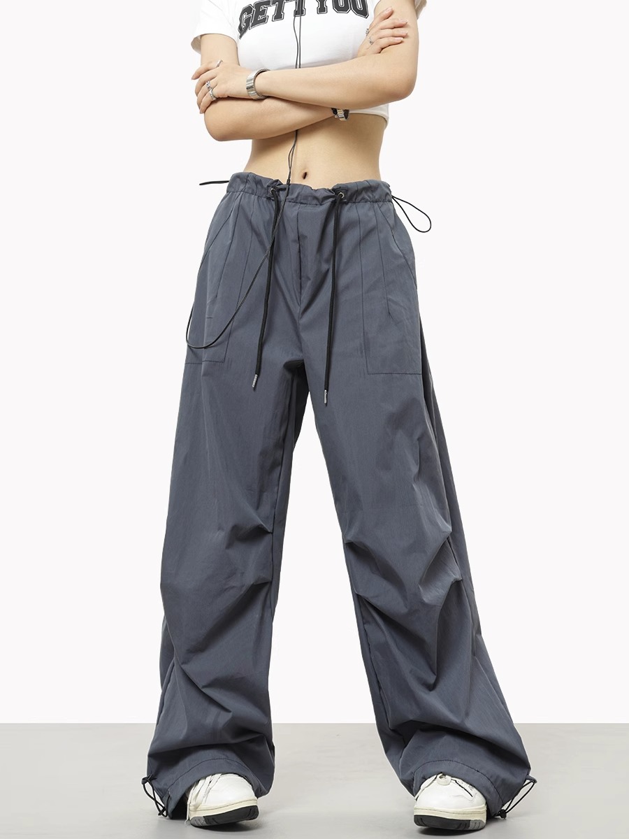 American Wide-Leg Paratrooper Overalls Women's Summer New Retro Drawstring Elastic Waist Casual Rush Sports Trousers