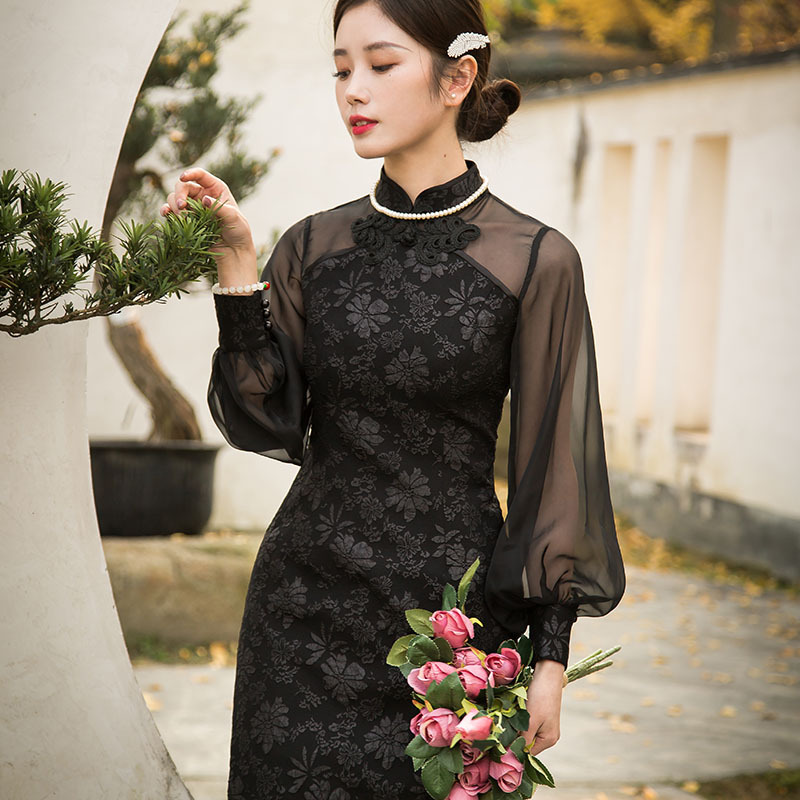 黑色透视灯笼袖性感复古优雅中式年轻款长袖时尚改良版旗袍连衣裙