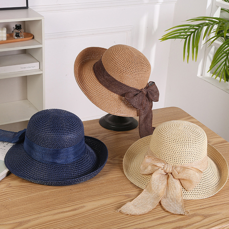 Korean Style Bowknot Big Brimmed Straw Hat Summer Women's Sun Hat Curling Beach Sun Hat Vacation Summer Hat