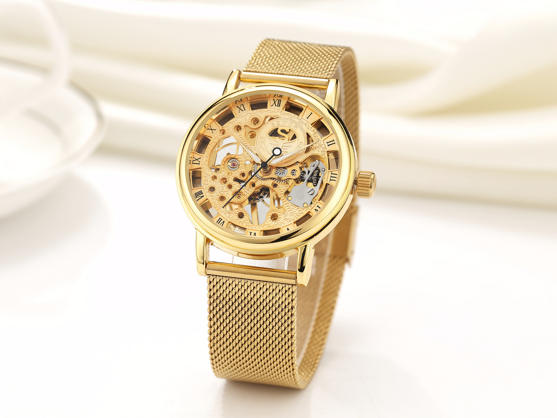 seweor自动机械手表镂空网钢带男士商务休闲手表外贸一件代发