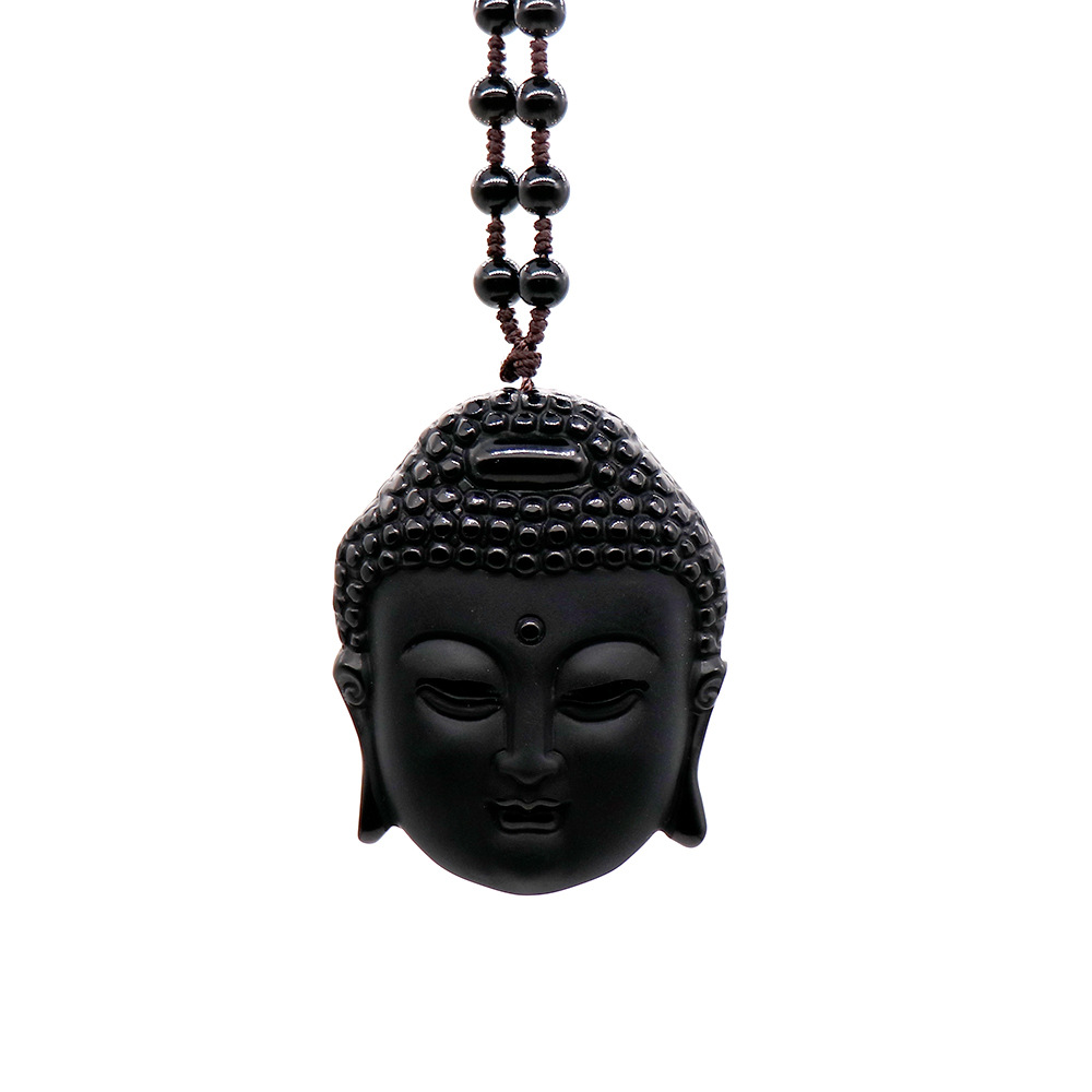 批发现货玉石饰品黑曜石释迦牟尼佛雕刻吊坠玉石挂坠佛头串珠项链