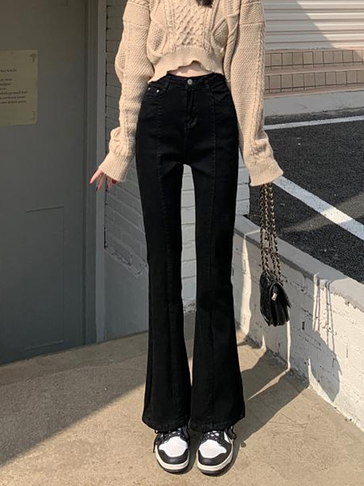 微喇叭黑色牛仔裤女春装2022年新款修身裤子小个子直筒阔腿裤长裤