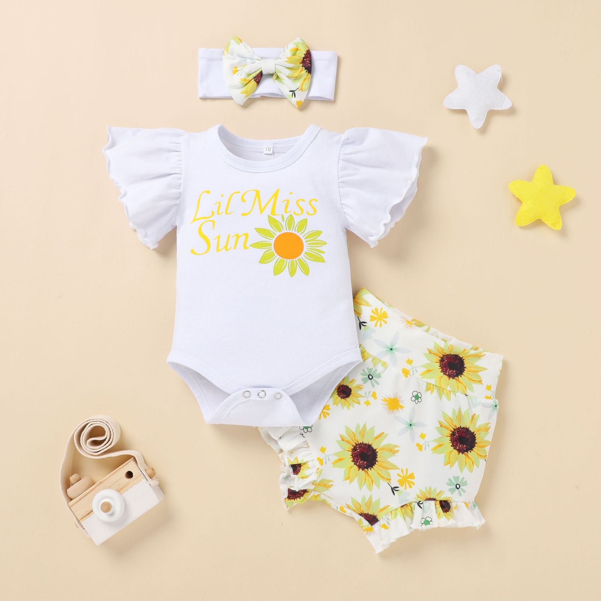 Cross-Border Children's Clothing Baby Ins Summer Short-Sleeved Suit Printed Shorts with Hair Band Three-Piece Set Foreign Trade Baby Children's Clothing Baby Clothes