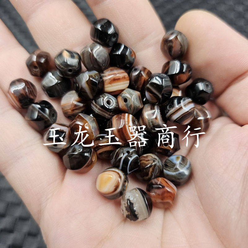 缠丝玛瑙六棱珠子玉石散珠黑咖啡色玛瑙路路通珠子切面珠批发