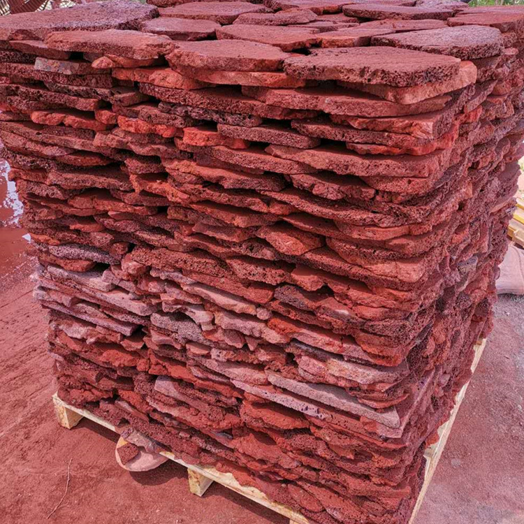 林园铺路墙面装饰小孔红色火山石板黑色玄武岩板材