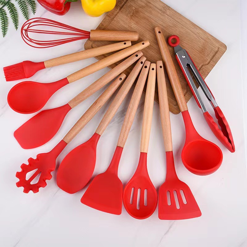 Wooden Handle Silicone Kitchenware Set Silicone Kitchenware 12-Piece Set High Temperature Resistant Non-Stick Pan Kitchenware 12-Piece Kitchen Set