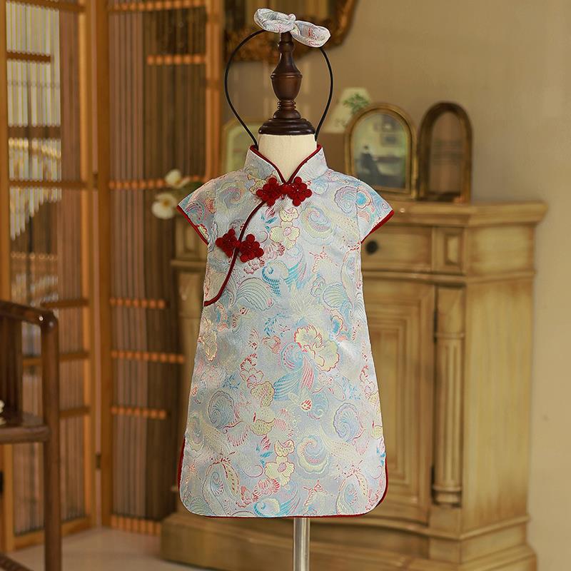 中式女童周岁旗袍礼服跨境中国风唐装女小宝宝儿童抓周生日公主裙