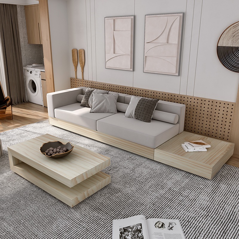北欧实木沙发宅寂风榻榻米民宿酒店日式极简客厅布艺悬浮长条卡座