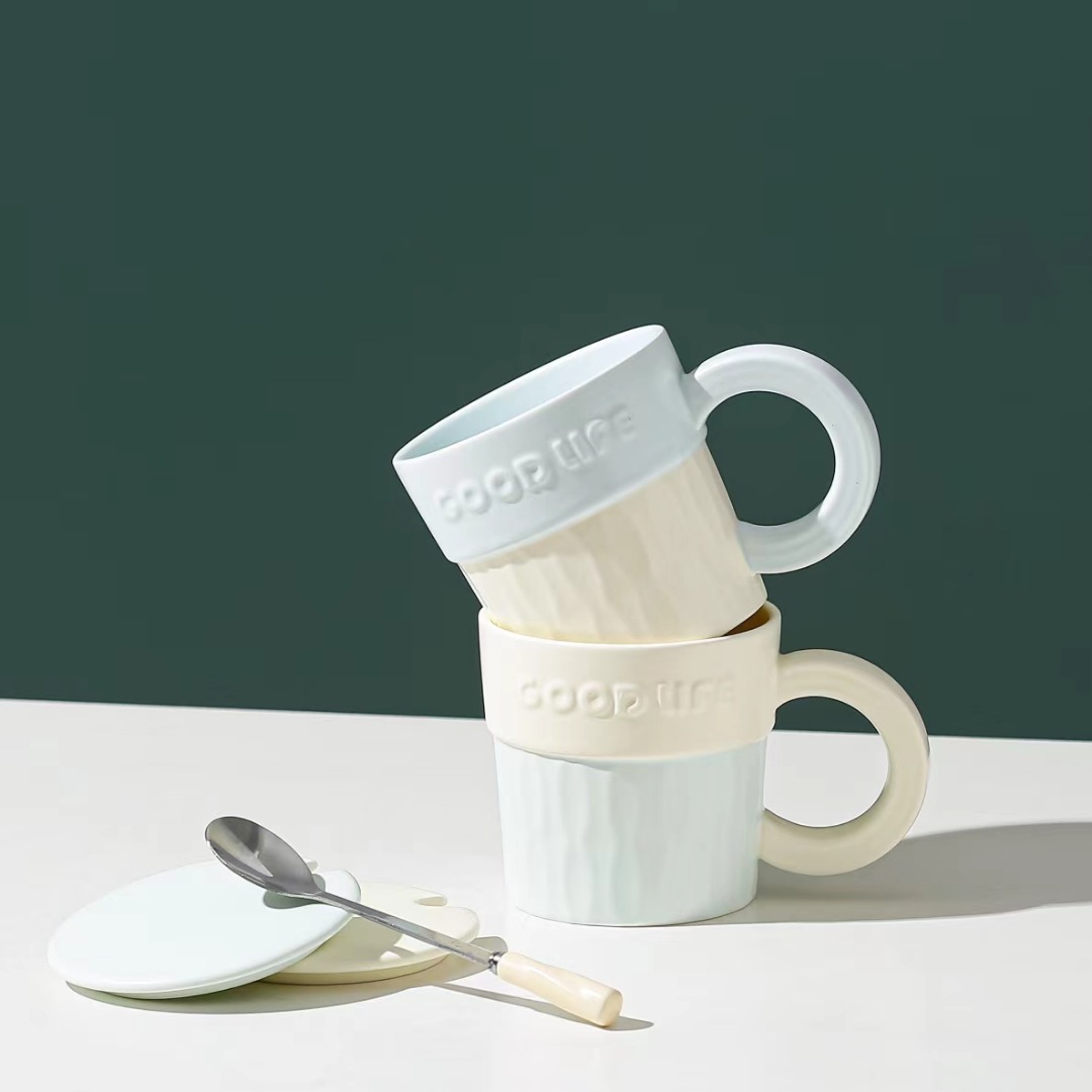 Creative Nordic Style Morandi Mug Simple Ceramic Coffee Cup with Cover Spoon Good-looking Drinking Cup Cup Used in Home