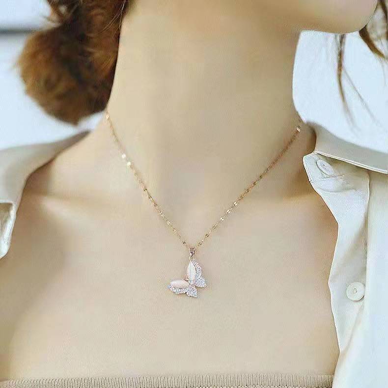 New Titanium Steel Micro-Inlaid High-Sense Butterfly Necklace Internet Celebrity Women's Ins Style Clavicle Chain Fashion Popular Short Sweater Chain