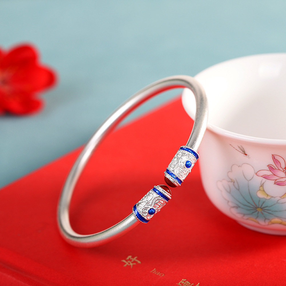 人品银品文艺复古手饰足银999烧蓝古法对口手镯珐琅圆棍光面镯子