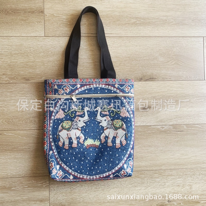 Double-Sided Medium Embroidered Elephant Bag Women's Canvas Single Shoulder Bag Ethnic Style Street Leisure Briefbag