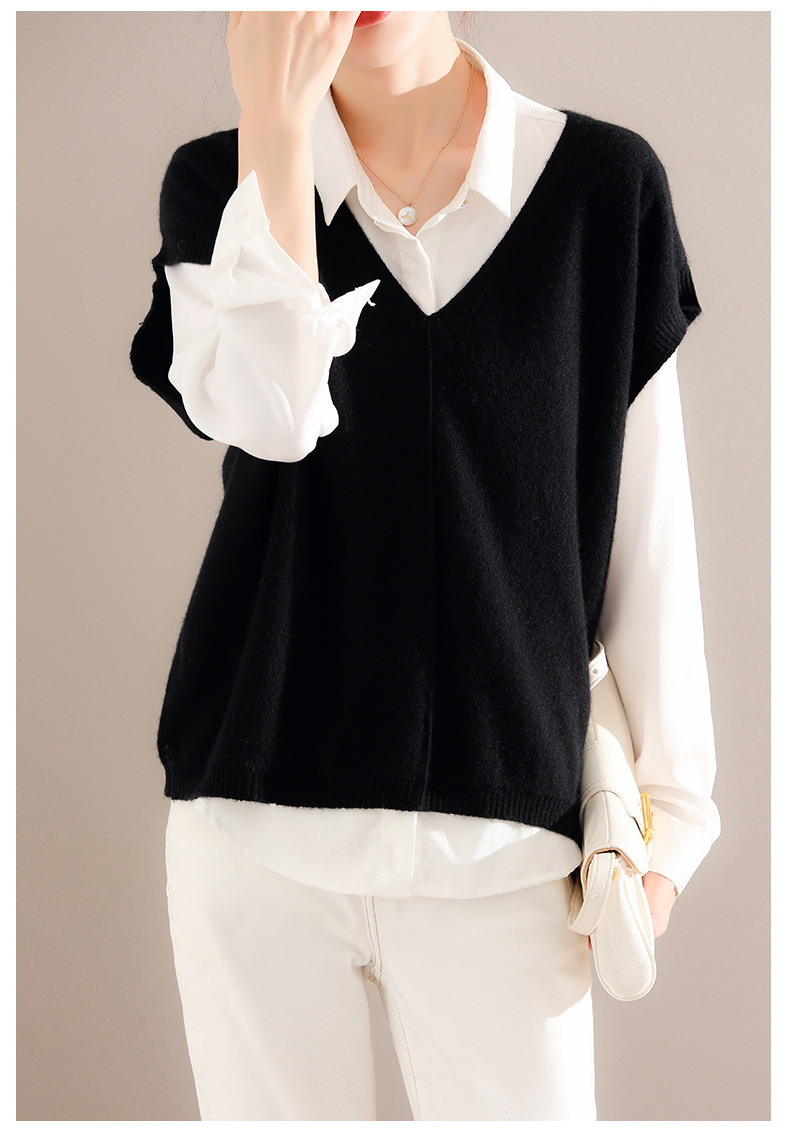 春秋天薄款羊毛背心女装毛衫防寒针织马甲鸡心领内穿外搭毛线马夹