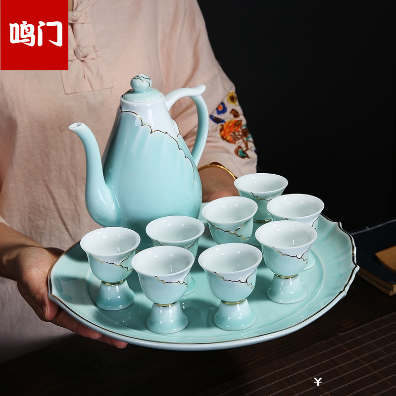 新品高档陶瓷酒壶酒具套装 青瓷手绘温酒壶 传统中式家用小白酒杯