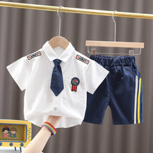 夏款新款-岁中小童男童女童警察水手款短袖两件套