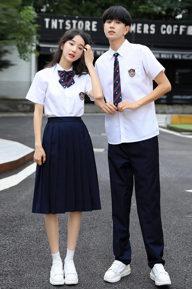 毕业班服套装英伦学院风校服中学生短袖jk衬衫藏青百褶裙长裙夏季