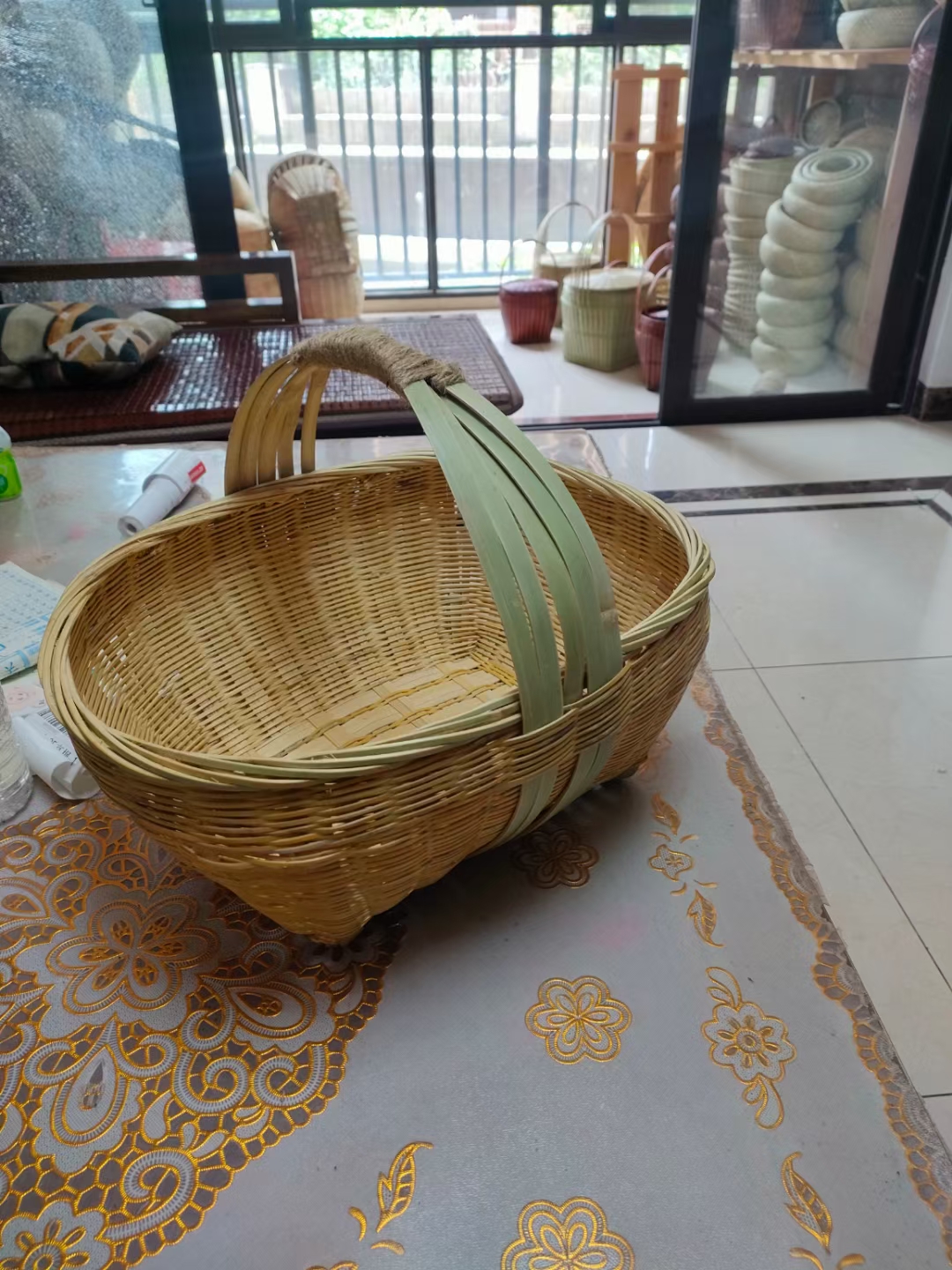 手工竹编制品家用椭圆形手提篮买菜篮购物篮竹青编织鸡蛋篮竹篮子