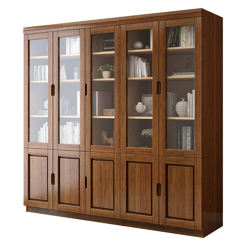 Modern Minimalist Chinese Style Solid Wood Bookcase Floor Glass Door Bookshelf Combination Three Door Locker Six Door Log Bookcase