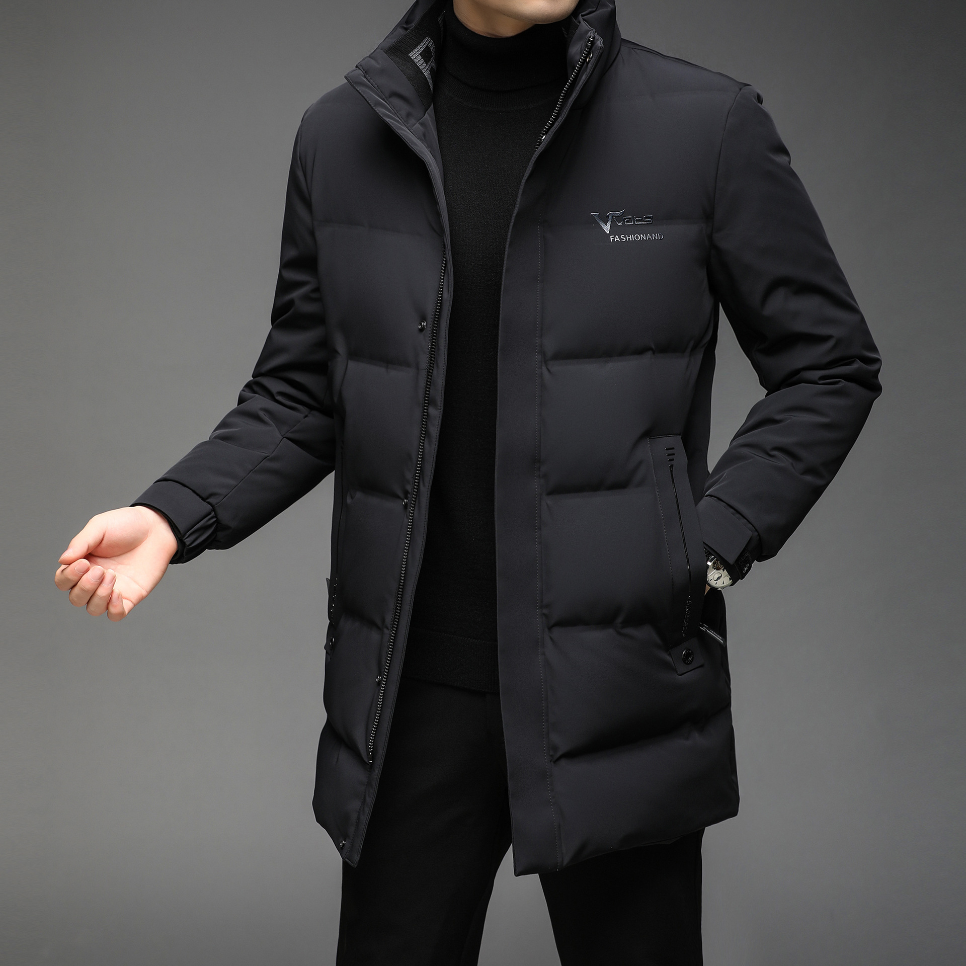 羽绒服男士冬季2021新款潮流中长款男装白鸭绒休闲立领男装外套厂