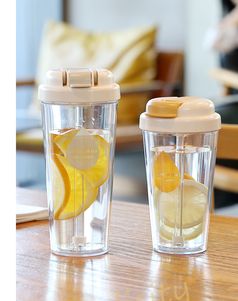 双饮水杯吸嘴直饮咖啡杯翻盖塑料杯带吸管女韩版网红便携冷萃杯子