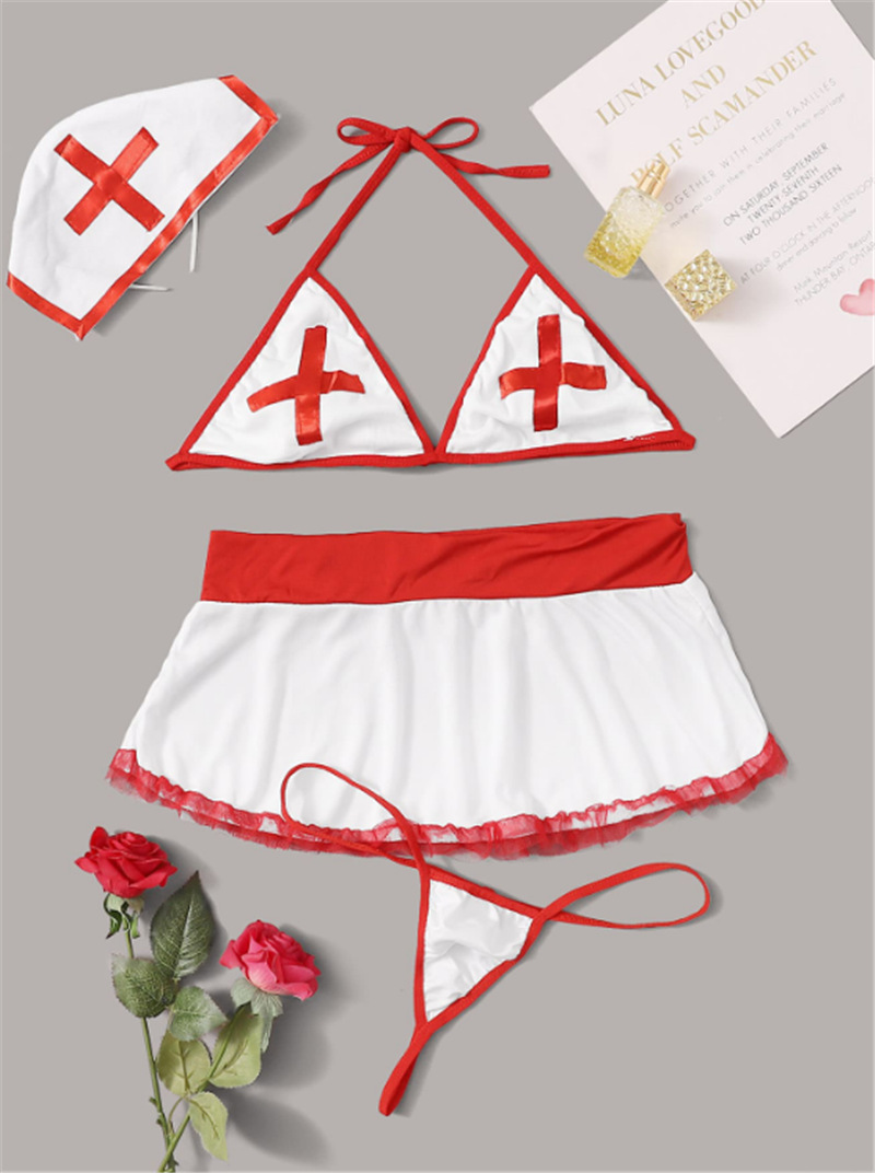 欧美外贸镂空情趣护士服三点式白衣天使护士技师制服诱惑套装4023