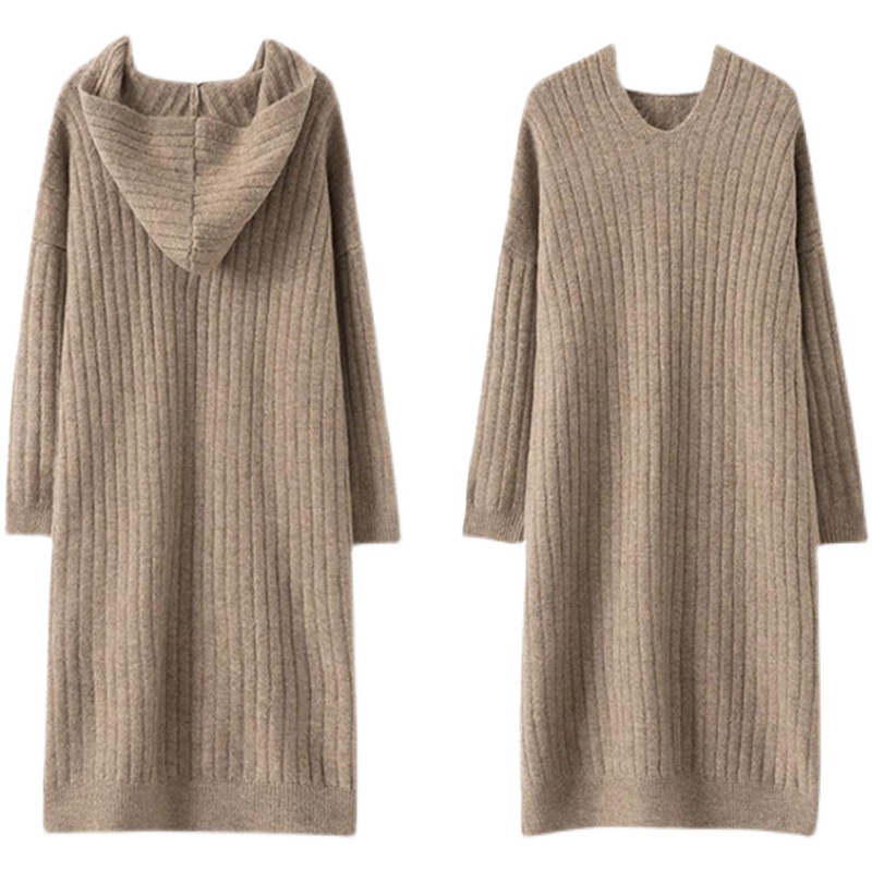 Autumn and Winter Hooded Sweater Women's Dress Straight Loose Long Outer Wear Knitted over-the-Knee Dress Casual Bottoming Shirt