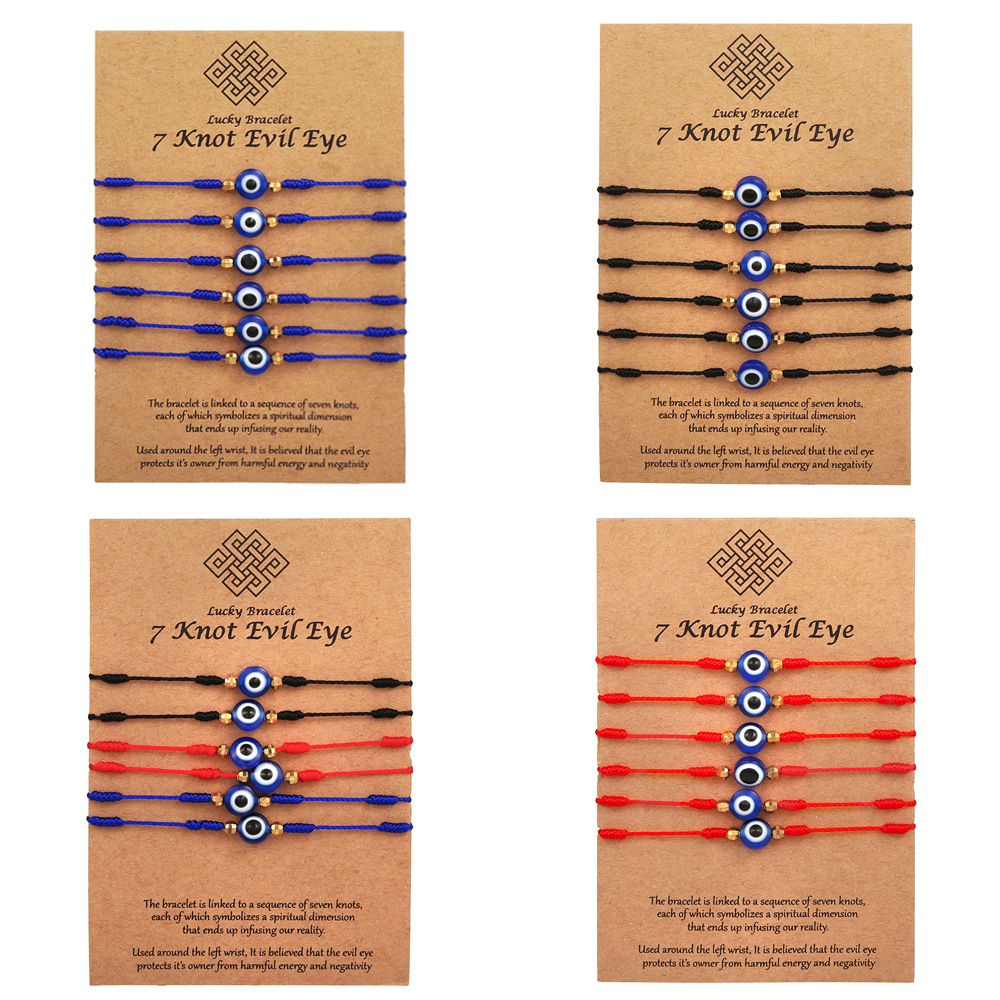 Cross-Border 6-Pack Red Blue Black Eyes Yi Woven Bracelet Adjustable Couple Card Lucky Friendship Bracelet