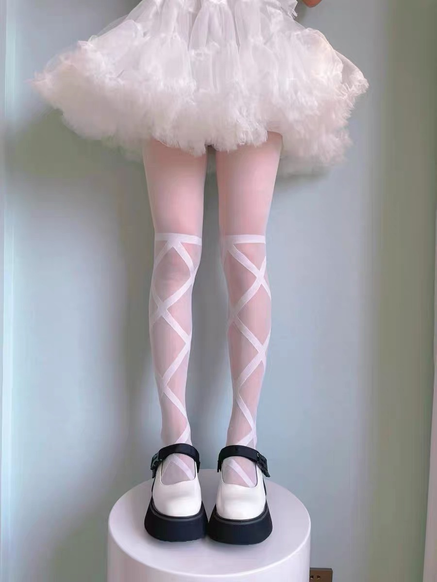 爆款热销交叉绑带蝴蝶结白丝连裤袜网红薄款优雅百搭lolita袜子女